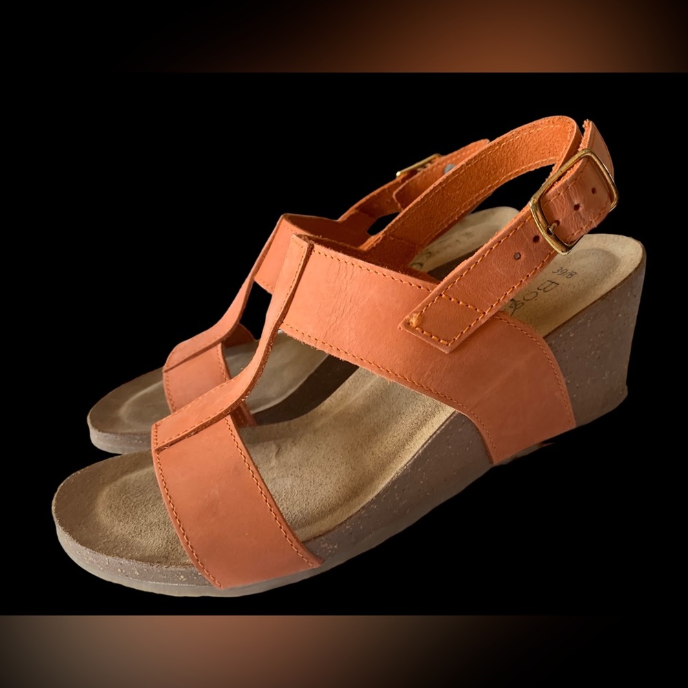 Women's Bos & Co Lust Italian Leather T-Strap Wedge Sandals Orange Made in Italy - Picture 8 of 11